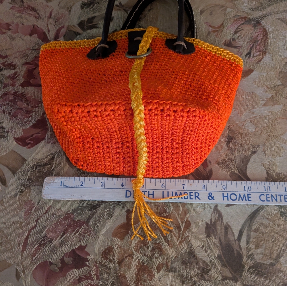 Handmade Crochet Bucket Bag Nylon Mason Line Bright Orange Brown Leather - Picture 11 of 16